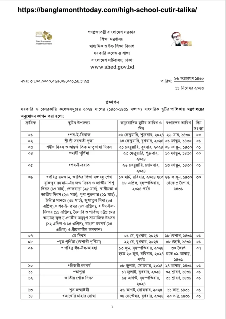 (Update) ২০২৪ সালের মাধ্যমিক বিদ্যালয়ের ছুটির তালিকা pdf [সরকারি বেসরকারি]