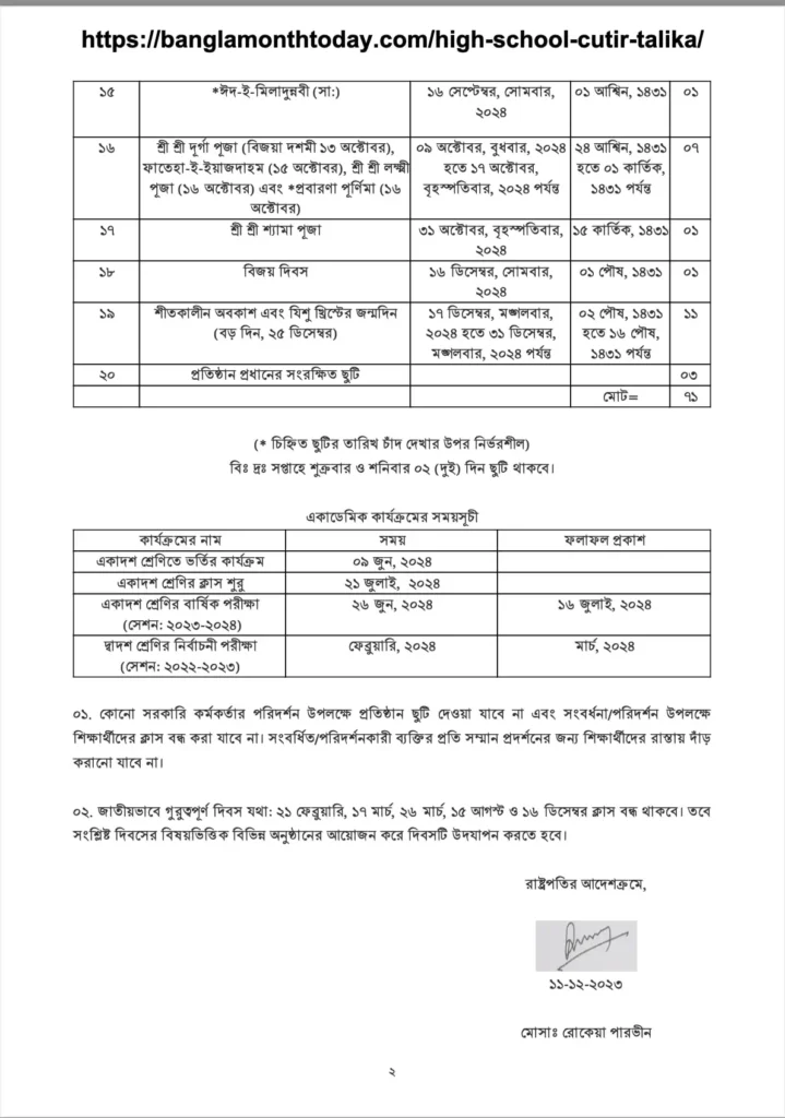 (Update) ২০২৪ সালের মাধ্যমিক বিদ্যালয়ের ছুটির তালিকা pdf [সরকারি বেসরকারি]